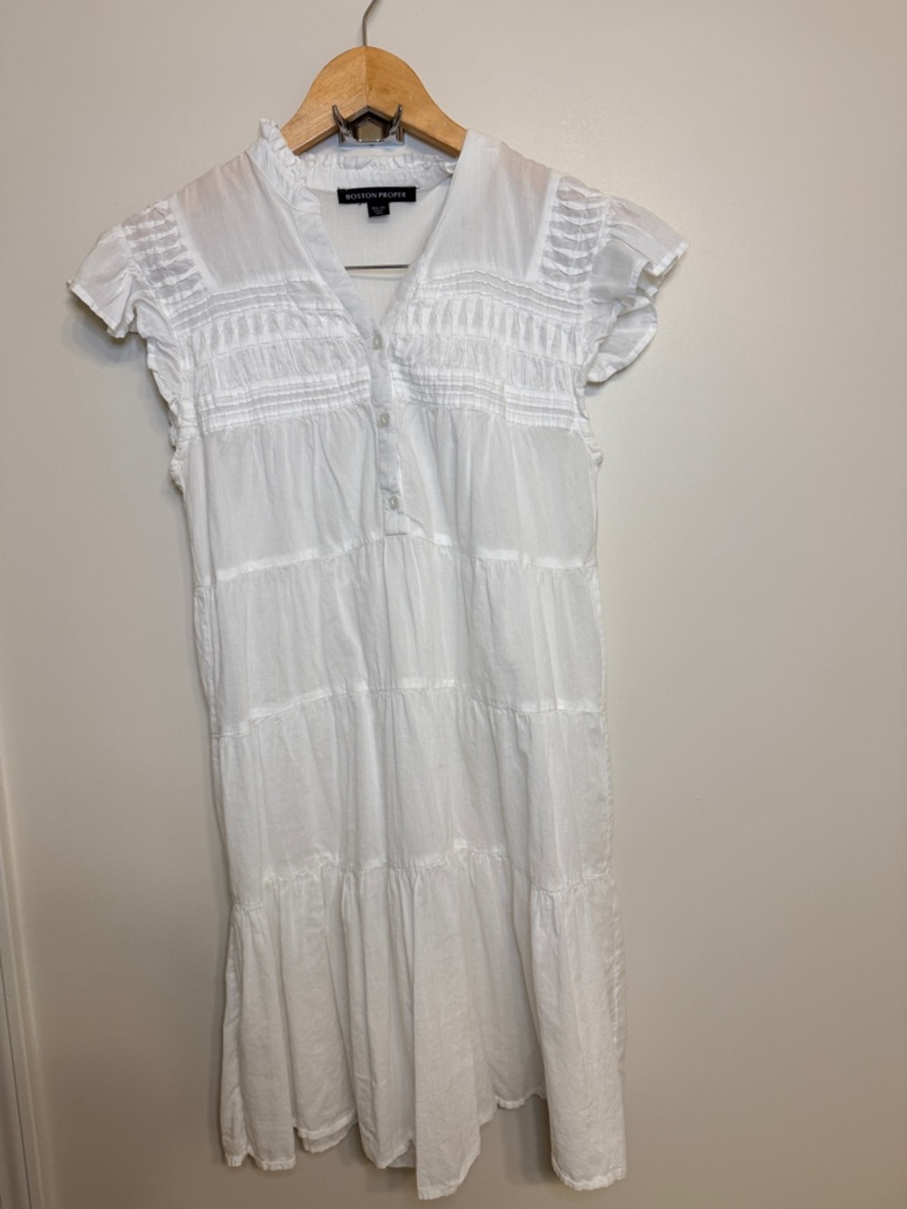 Boston Proper White Tiered Cotton Midi Dress with Pintuck Detail